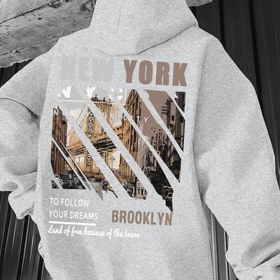 TEMU Men's Pullover Hoodie With Kangaroo Pocket, Geometric Pattern, Regular Fit, Spring/autumn , Knit Fabric, Polyester, Stretchy Material, Unisex Fashion Sweatshirt Image