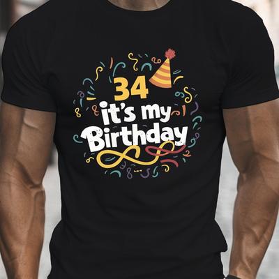"TEMU Geo Chic, My Birthday 34" Men's T-shirt - Casual Crew Neck, Short Sleeve, Lightweight & Comfy Summer Tee With Geometric Print" Image