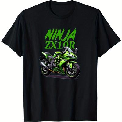 TEMU Men's Motorcycle Pattern T-shirt- Ultra Soft 100% Cotton, Breathable Crew Neck, Slightly Elastic, Summer Casual Wear And Motorcycle Enthusiasts Image