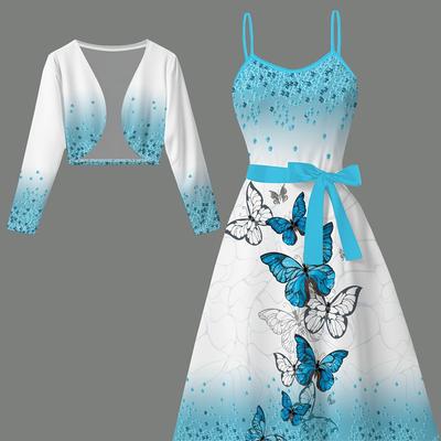 TEMU Elegant Women's Long Sleeve Crop Jacket + Belt + Halter Dress Set With Fashionable Blue And White Gradient Print Image