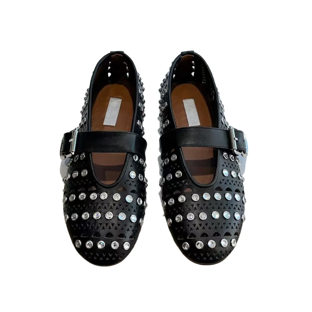 2025 frühling Und Herbst Neue Flache Unterseite Mary Jane Wasser Diamant Casual Ballett Tanzen Schuhe Aus Echtem Leder Loch Einzelnen Schuhe