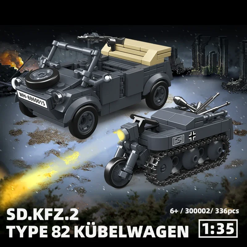 Halbspurmotorrad aus dem Zweiten Weltkrieg VW82 Eimer-LKW, deutscher Geländewagen, Montagemodell, Bausteine, Junge, Spielzeugauto, Geschenk Image