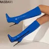 NASBAVI Damen-Kniehohe Stiefel, sexy Rot, Blau, Schwarz, langer Stiefel mit Absatz, weiblich, große Größe 48, Herbst-Winter-Party-Schuhe für Damen