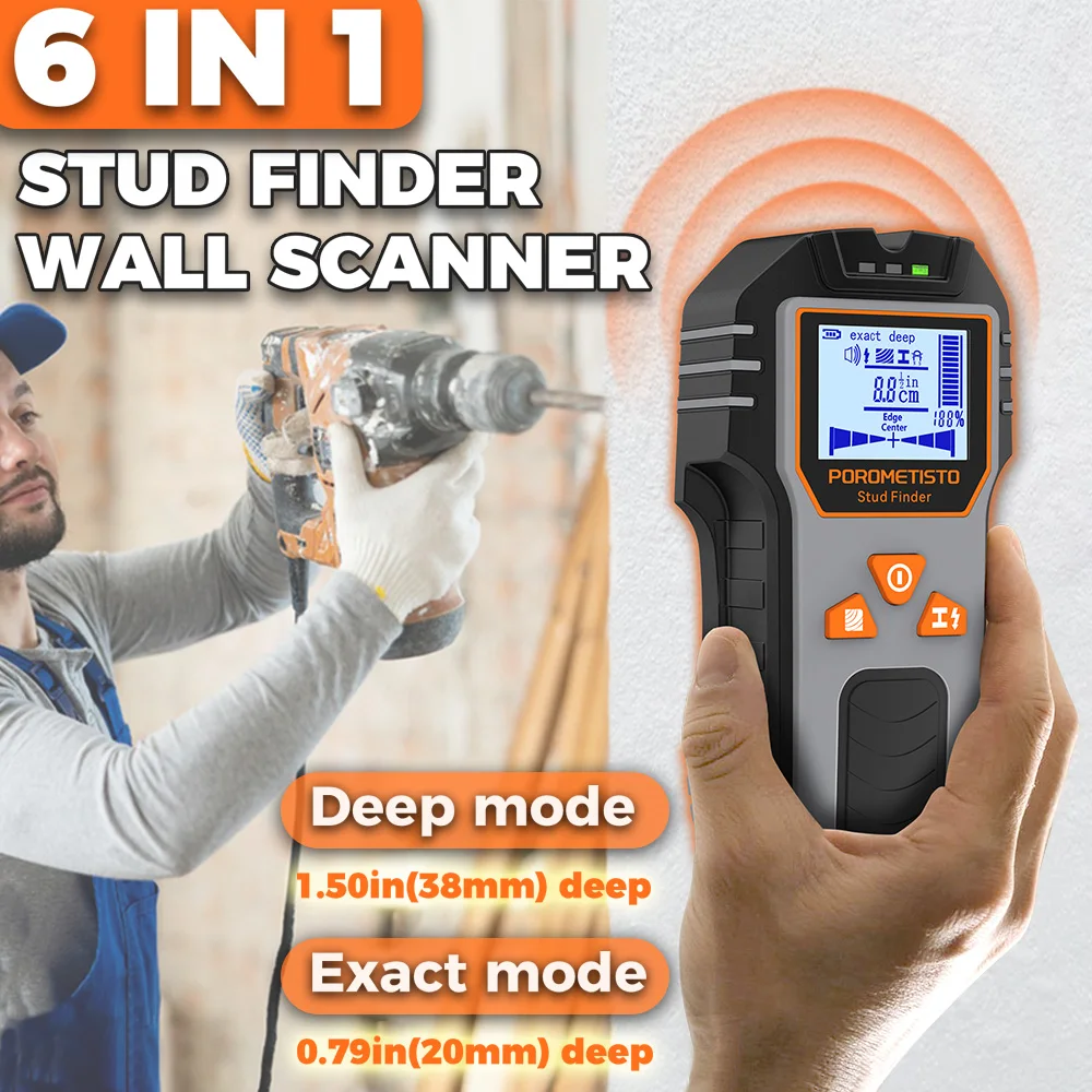 DSF01 6-in-1-Wanddetektor, Bolzensucher, tragbarer Wandscanner, Live-Kabel, Metalldickenmessgerät, Messwerkzeug, tiefe/komplizierte Modi Image