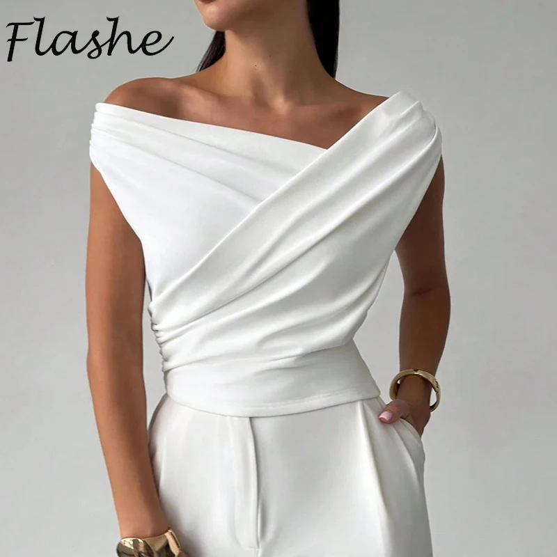 Top da ufficio semplici alla moda T-shirt senza maniche con scollo slash femminile per donna Camicia estiva elegante da donna Bianco Nero