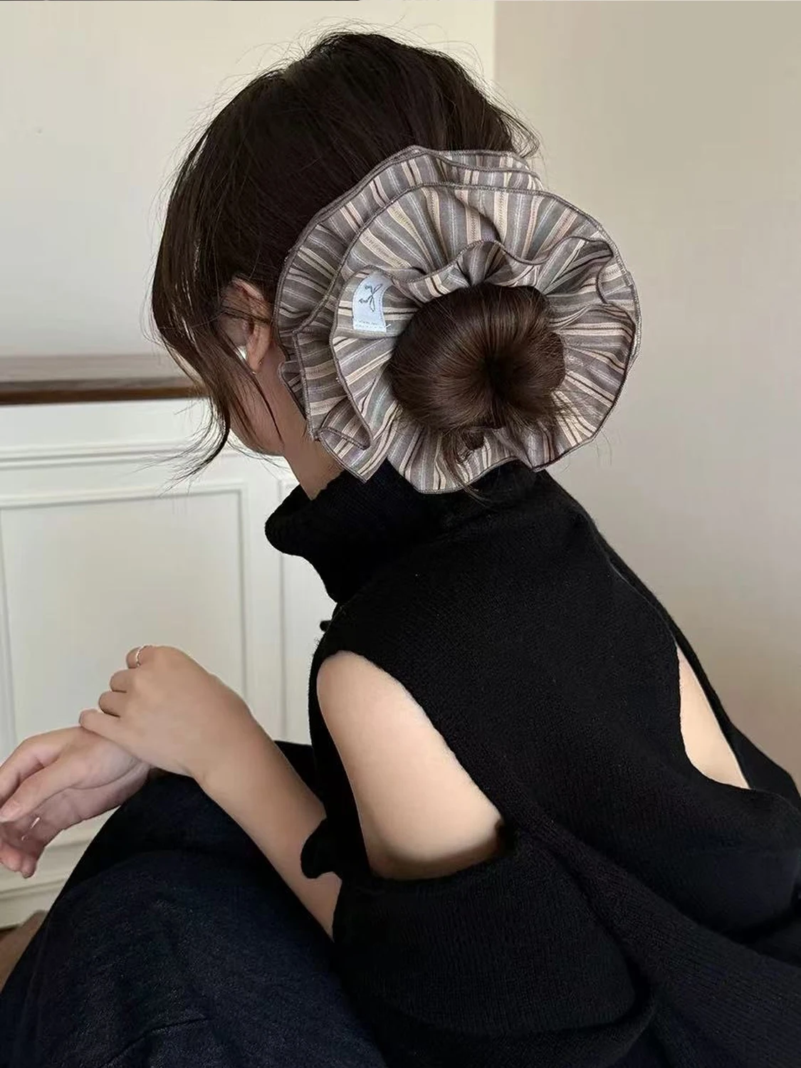 1 Stück koreanischer gestreifter Dickdarm-Haarring, hochwertige, modische, einfache Krawattenbälle und hohes Pferdeschwanz-Stirnband, geeignet für den täglichen Gebrauch Image