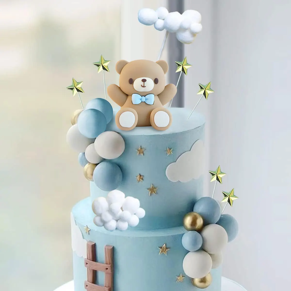 33-teiliges Tortenaufsatz-Set für die Babyparty – blaue Bären- und Sternwolken-Dekorationen für die Geburtstagsfeier, Kuchendekoration mit Geschlecht offenbaren Image