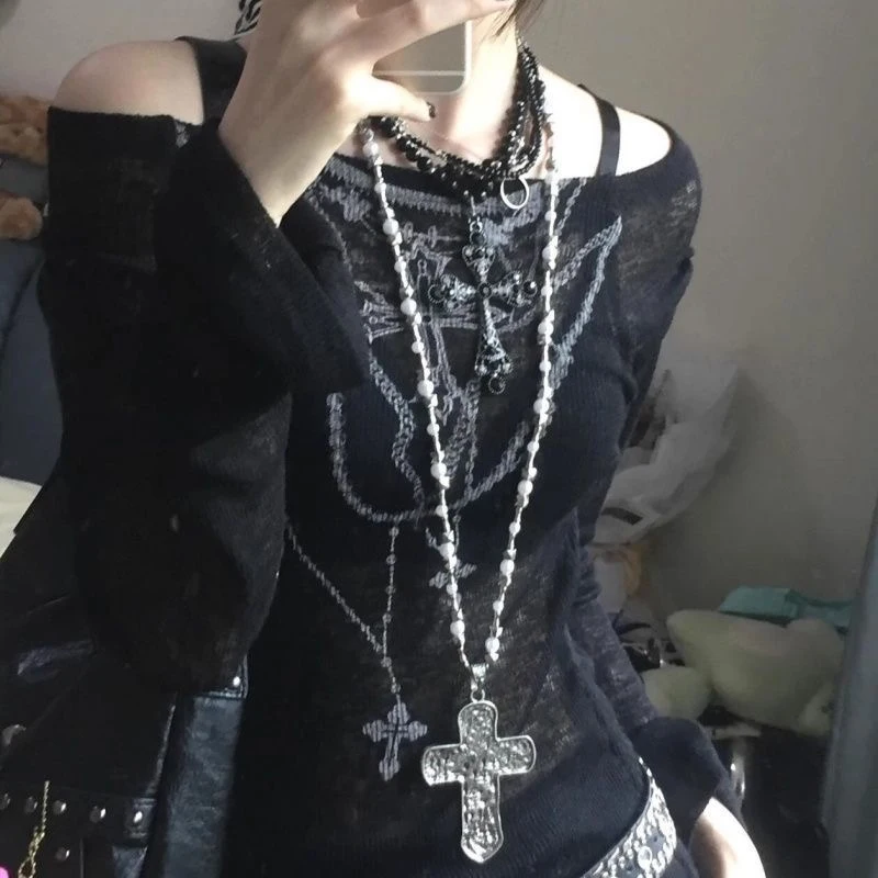 Grunge Schmuck Unregelmäßige Perle Kreuz Anhänger Halskette für Weibliche Punk Charme Geometrische Halskette Koreanische Mode Halskette Gothic Image