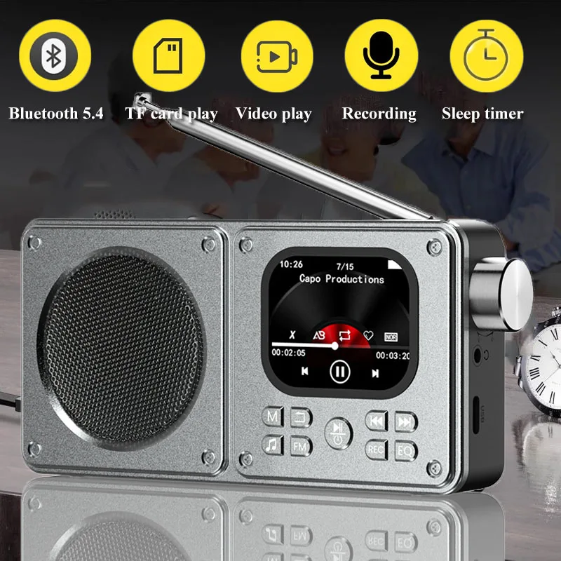 Mini Tragbare FM Radio Wecker Radios Recorder 2 zoll IPS Bildschirm MP3 Video Player Bluetooth Lautsprecher Unterstützung TF Schlaf Timer Image