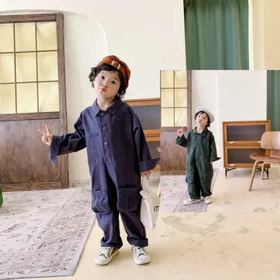 Kinder-Overall aus Baumwolle, 1–6 Jahre, für Kinder, Mädchen, Jungen, 3D-Taschen, Umlegekragen, Image
