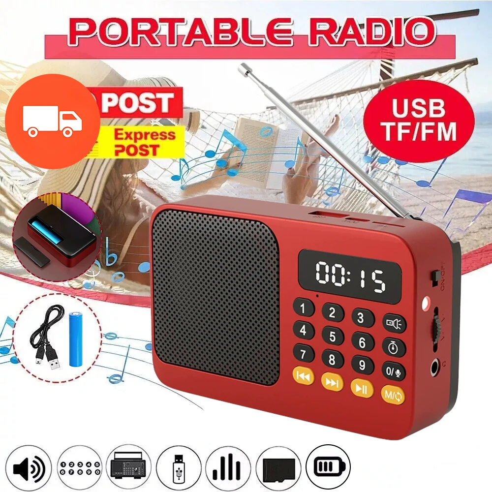 Tragbarer FM-Radioempfänger, wiederaufladbares Radio, TF, MP3, USB-Musik-Player mit LCD-Display, LED-Taschenlampe, Mini-Bluetooth-Lautsprecher ﻿ Image