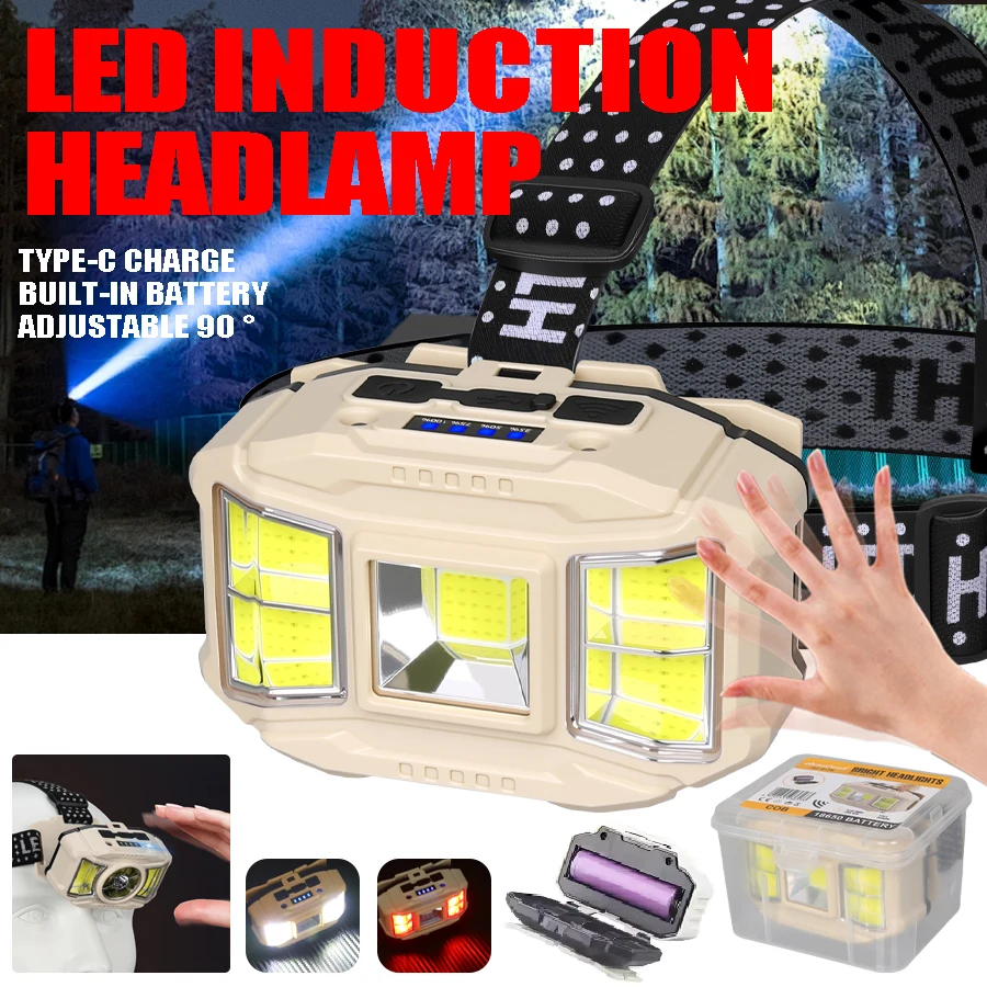 Induktion COB LED Scheinwerfer USB Aufladbare 5 modus 18650 Batterie Scheinwerfer Outdoor Camping Angeln Suche Laterne Flut Kopf Lampe Image