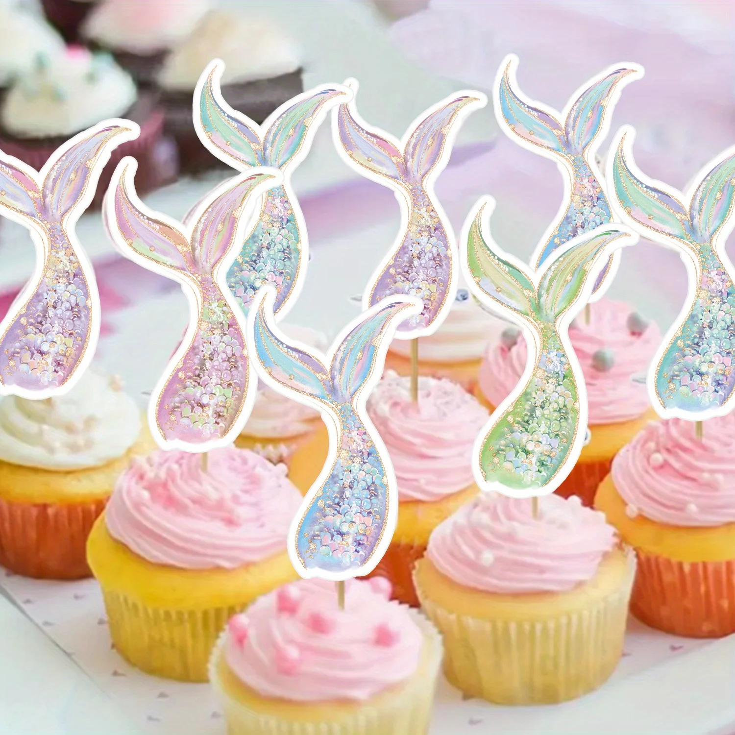 30 Stück Meerjungfrau-Kuchenaufsatz, lila, blau, Cartoon-Meerjungfrauenschwanz-Topper für Meerjungfrau, Geburtstag, Feiern, Party, DIY-Kuchendekorationen Image