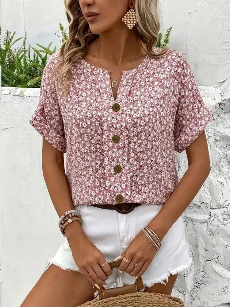 Plus Size Women's Shirts 2025 Spring Summer New Fashion Casual Floral Printing V-Neck Short Sleeve Blouses Korean Style Clothing