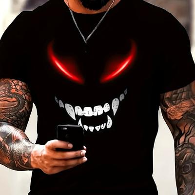 TEMU 1pc Mens Smile Monster Graphic T-shirt- 100% Cotton, Short Sleeve Crew Neck, Casual Streetwear Top With Eyes Design, Knit Fabric, Halloween Parties& , Everyday Tshirt| Street Style Top| Durable Image