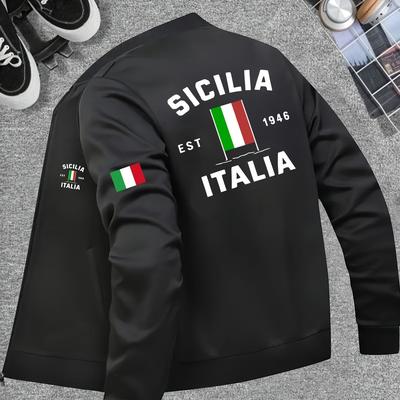 TEMU Men's Sicily Italy Flag Print Baseball Jacket - Navy Blue Zip-up Casual Coat With 1839 Heritage Design, Machine Washable Polyester, Regular Fit & Pockets Image