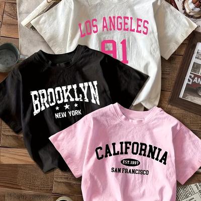 TEMU 3pcs Women's T-shirts Set - Brooklyn New California Prints, Casual Crew Neck, Short Sleeve, Polyester, Machine Washable - Versatile Fashion For Spring And Summer Image