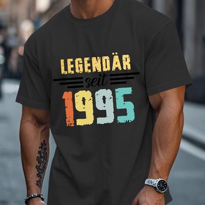 TEMU Legend 1995 Men's 30th Birthday Commemorative Short Sleeve T-shirt - Geometric Print Lightweight 150gsm Polyester, Round Neck Casual Summer Top, Machine Washable Image