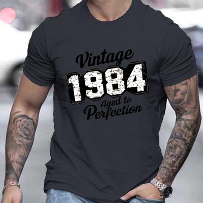 TEMU Men' 1984 Casual T-shirt, 100% Polyester Crew Neck, Geometric Pattern, Stretch Knit Fabric, Regular Fit, Summer Top, 150gsm - White Image