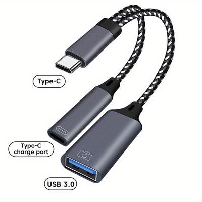 TEMU 2-in-1 Usb-c Otg Cable & Type-c To Usb-a Adapter With Pd Fast Charging (5-10w), Durable Pvc, Data Transfer For Phones, Laptops, Tablets Image