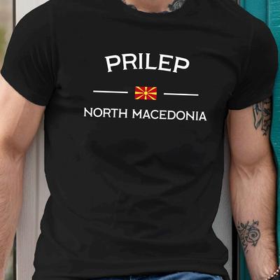 TEMU 1pc Prilep North Macedonia Men's T-shirt - Casual Crew Neck, Short Sleeve, Knit Polyester Fabric, Stretch, Regular Fit, Geometric Pattern - Summer Tee Image
