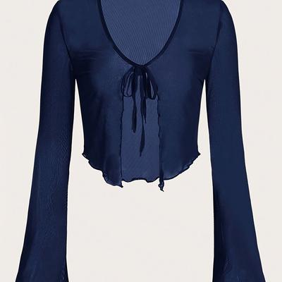 TEMU Women's Navy Blue Mesh Top With Bow Detail - Long Sleeve, V-neck, Lightweight, Spring/summer, Casual Wear, Casual Wear Top| Top|lightweight Top Image
