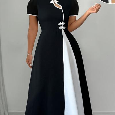 TEMU Elegant Black And White Midi Dress With Button- Front And Floral Detail - Spring And Summer, It Adds A Touch Of To , Ladies Dress Image