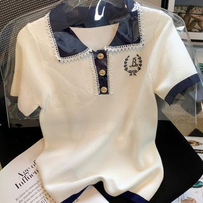 TEMU Women's Elegant Color Block Sweater - Short Sleeve, French Style, Slimming Design With Embroidered Detail, Lightweight Knit Top For Spring/summer/fall, To Image