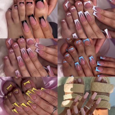 TEMU 288-piece French Tip Press-on Nail Set - Mixed Colors, Short Length, Stripe And Solid Patterns With Glossy Finish - Includes Jelly Adhesive Tabs And Nail File For Image