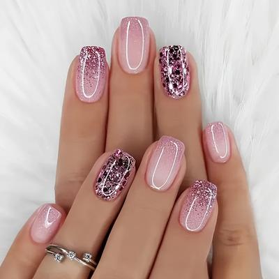 TEMU 24pcs Short Square Press-on Nails - Glossy Mix With Glitter Accents, Reusable Fake Nails With Jelly Glue & Nail File For Easy Manicure, Nails Accessories, Quick Image