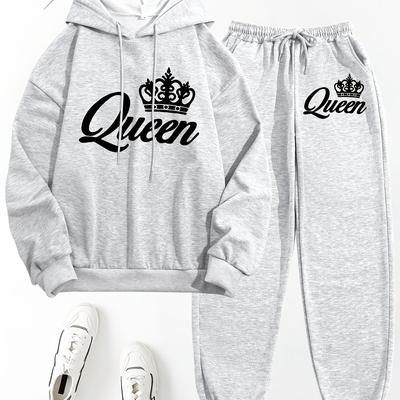 "TEMU Women's "queen" Printed 2pcs Set - Casual Black Hoodie & Sweatpants With , Long Sleeves, Polyester, Machine Washable - Spring/fall" Image