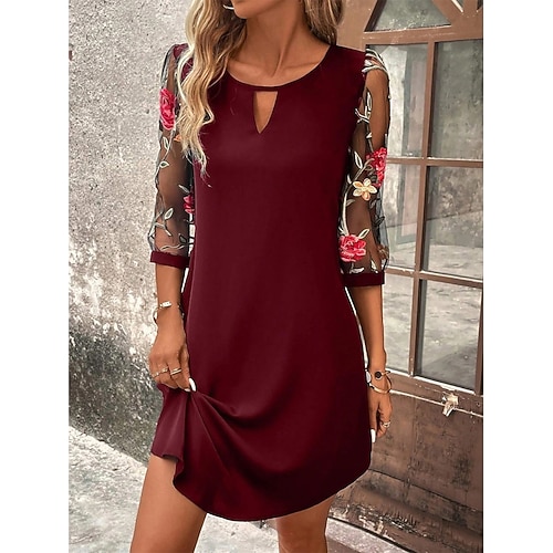 Damen Minikleid A Linie Kleid Sommerkleid Lässig Täglich Normale Passform Blumen Grafik Dreiviertelarm Rundhalsausschnitt Schwarz Wein Grün Dunkelblau Sommer Image