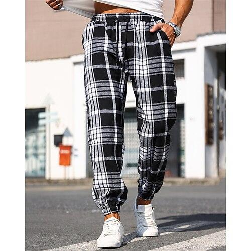 Herren Hose Freizeithose Kordelzug Elastischer Bund Karomuster tragbar Outdoor Täglich Mode Klassisch Schwarz