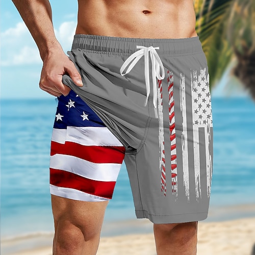 Amerikas 250. Jahrestag Unabhängigkeitstag Männer Patriotische USA Flagge Futter Shorts 2 in 1 Boardshorts Schwimmshorts Mittlere Taille Feiertag Seitentaschen Mit Kompressionsfutter Elastischer Image