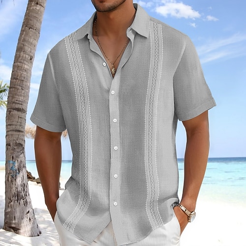 Herren Leinenhemd Guayabera Hemd Strandbekleidung Knopfhemd Texture Urlaub Lässig Weiß Blau Grün Grau Kurzarm Umlegekragen Sommer Frühling Bekleidung Image