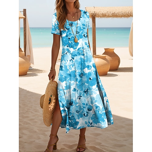 Damen Midikleid Sommerkleid A Linie Kleid Urlaub Lässig Strand Täglich Ausgehen Normale Passform Blumen Grafik Kurzarm Rundhalsausschnitt Gelb Rosa Blau Purpur Sommer Image