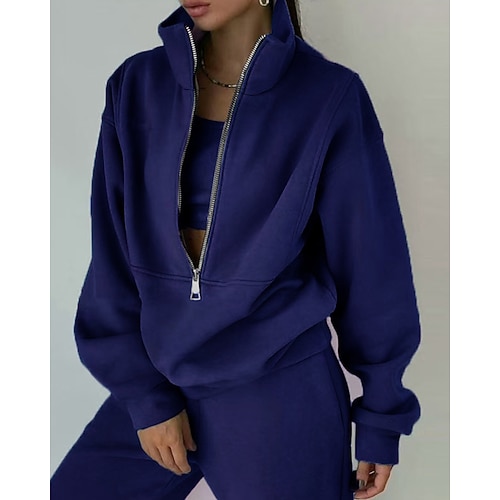 Damen Jogginghose Fleece-Trainingsanzug Trainingsjacke Reißverschluss 2 teilig Einfarbig Jacke und Jogginghose Kombination Herbst Waldgrün Marineblau Fitnessstudio Sport Laufen Thermowarm Winddicht Image