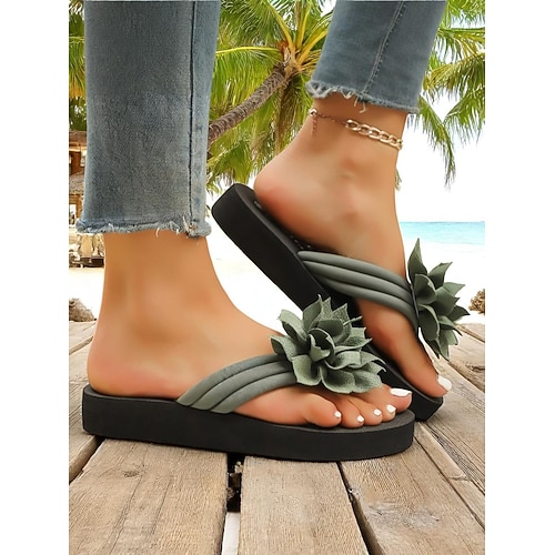 Beigefarbene Flip-Flops mit Blumenmuster für Damen mit gepolsterter Sohle, lässige Strandsandalen für den Sommerurlaub und zum Entspannen am Pool Image