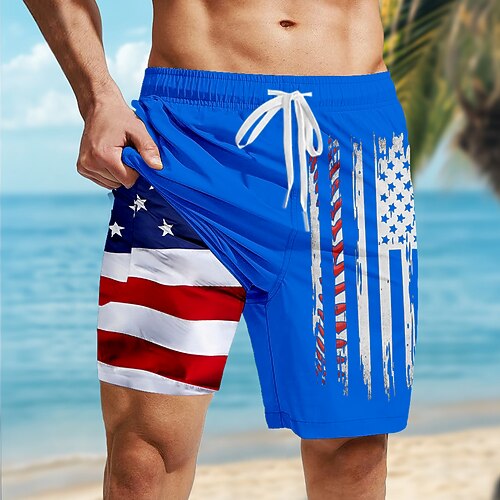 Tag der Unabhängigkeit Herren Patriotisch USA Flagge Gefütterte Shorts 2 in 1 Badeshorts Badehosen Mittlere Taille Ferien Seitentaschen Mit Kompressionsfutter Elastischer Kordelzug in der Taille Image