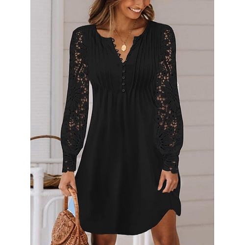 Damen Minikleid A Linie Kleid Sommerkleid Lässig Täglich Normale Passform Einfach Langarm V Ausschnitt Schwarz Weiß Wein Sommer Image