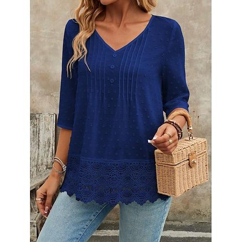 Damen Oberteil mit Spitzenspleiß Einfarbig Elegant Stilvoll Basic Halbarm V Ausschnitt Normale Oberteile Täglich Spitze Patchwork Knöpfe Schwarz Weiß Rosa Blau Sommer