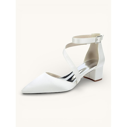 Brautjungfernschuhe für Damen – weiße Pumps mit spitzer Zehenpartie und niedrigem Blockabsatz, elegante Pumps mit gekreuzten Knöchelriemen und geschlossener Zehenpartie für Brautjungfern, Abschlussball, Abendveranstaltung, Cocktailparty und... Image