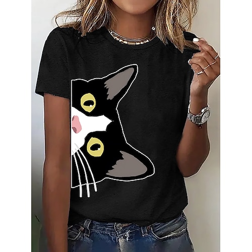 Damen T Shirt Druck Grafik Tiermotiv Katze Vintage Stilvoll Trendy Kurzarm Rundhalsausschnitt Normale Oberteile Täglich Wochenende Blau Schwarz Rosa Purpur Sommer Image