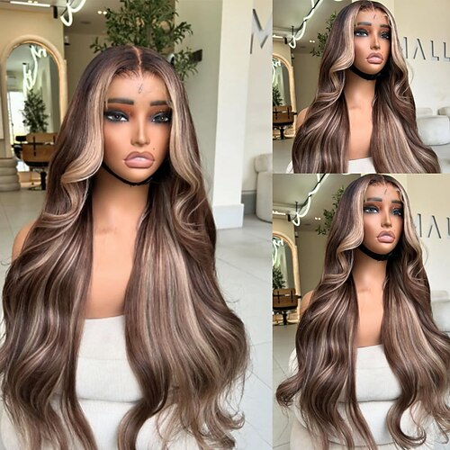 Unbehandeltes Echthaar 5x5 Verschluss 13x4 Spitzenfront Perücke Stufenschnitt Peruanisches Haar Gewellt Blond Braun Mehrfarbig Perücke 130% 150% Haardichte mit Babyhaaren Hervorgehobenes Image
