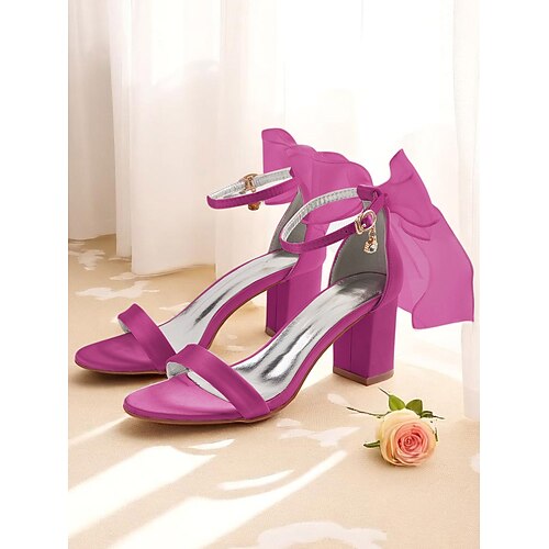 Weiße Brautsandalen mit Schleife, Blockabsatz-Sandalen mit Knöchelriemen für Garten-, Kirchen- und formelle Hochzeiten Image