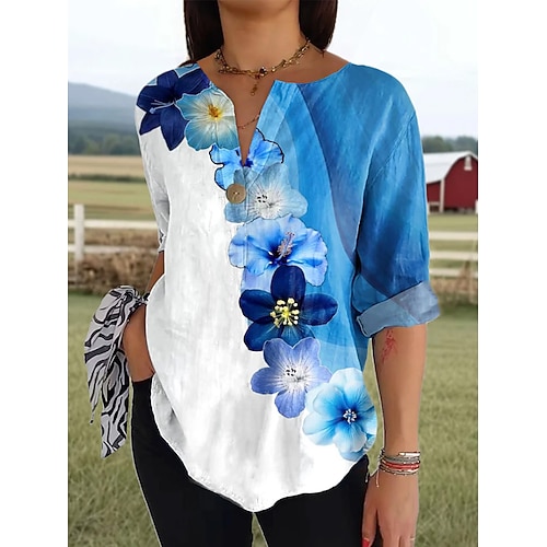 Damenbluse Leinenähnlich Atmungsaktiv Leicht Lange Ärmel V-Ausschnitt Floral Vintage Tropisch Hawaiian 3/4 Länge Ärmel Rundhalsausschnitt Täglicher Urlaub Strandbekleidung Druck Weiß Rosa Königsblau Image
