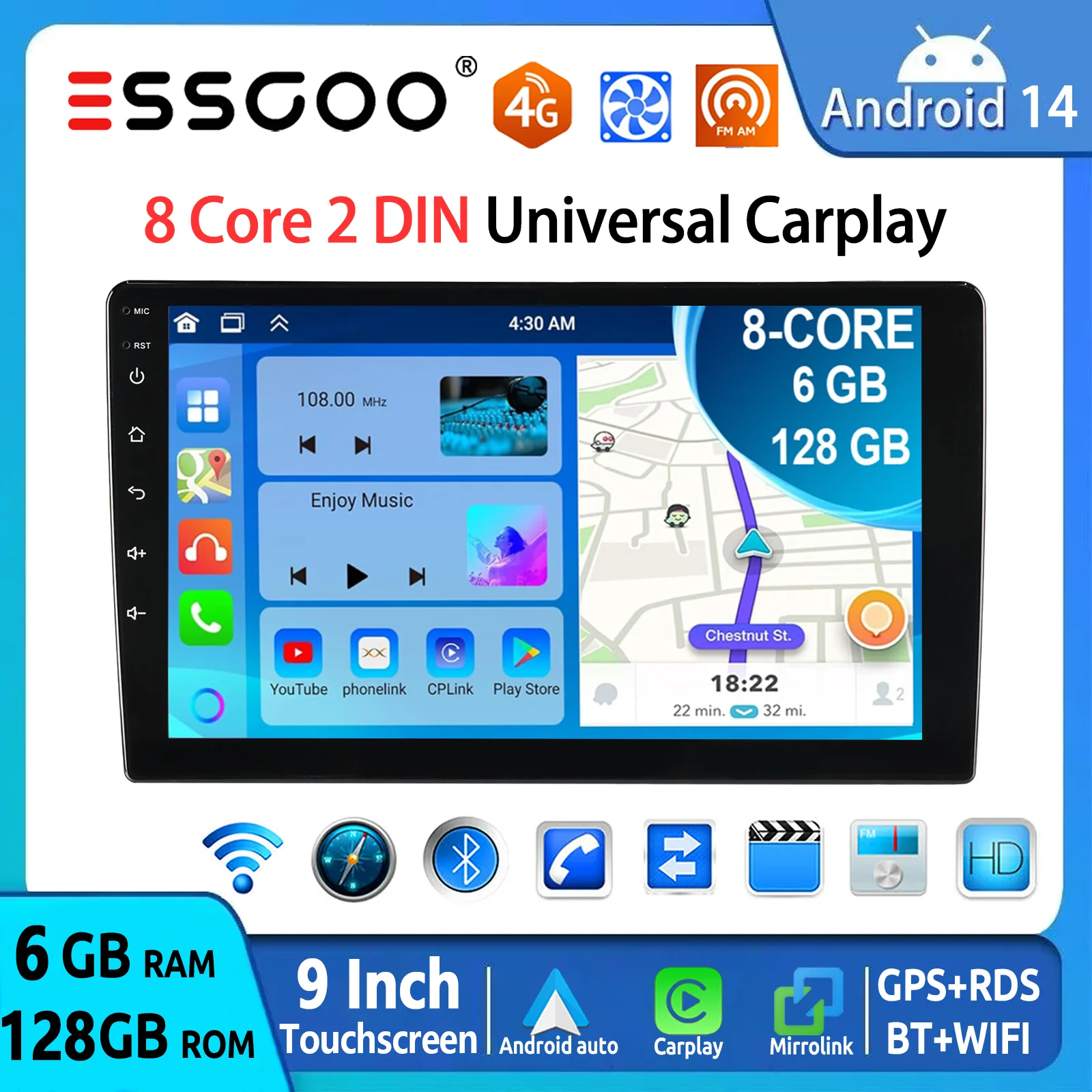 ESSGOO Autoradio Doppio 2 DIN 9 Pollici Schermo Touch QLED Android 14 6+128 GB CarPlay Senza Fili Android Auto Bluetooth GPS Navigazione RDS 4G WiFi FM Mirror Link Unità Centrale Lettore Multimediale