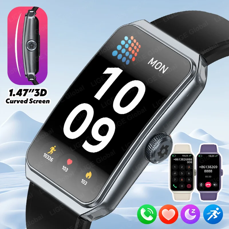 LIGE 1,47" wasserdichte Silikon-Smartwatch, Bluetooth, Anruf, Nachrichtenerinnerung, Schlafüberwachung, Smartband, Schrittzähler, Sportarmband Image