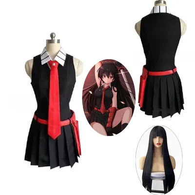 AUF LAGER Akame Cosplay Kostüm mit Tasche Tasche Anime Akame Cosplay Perücke Schwarz Langes Glattes Haar Halloween Party Outfit für Frauen Image