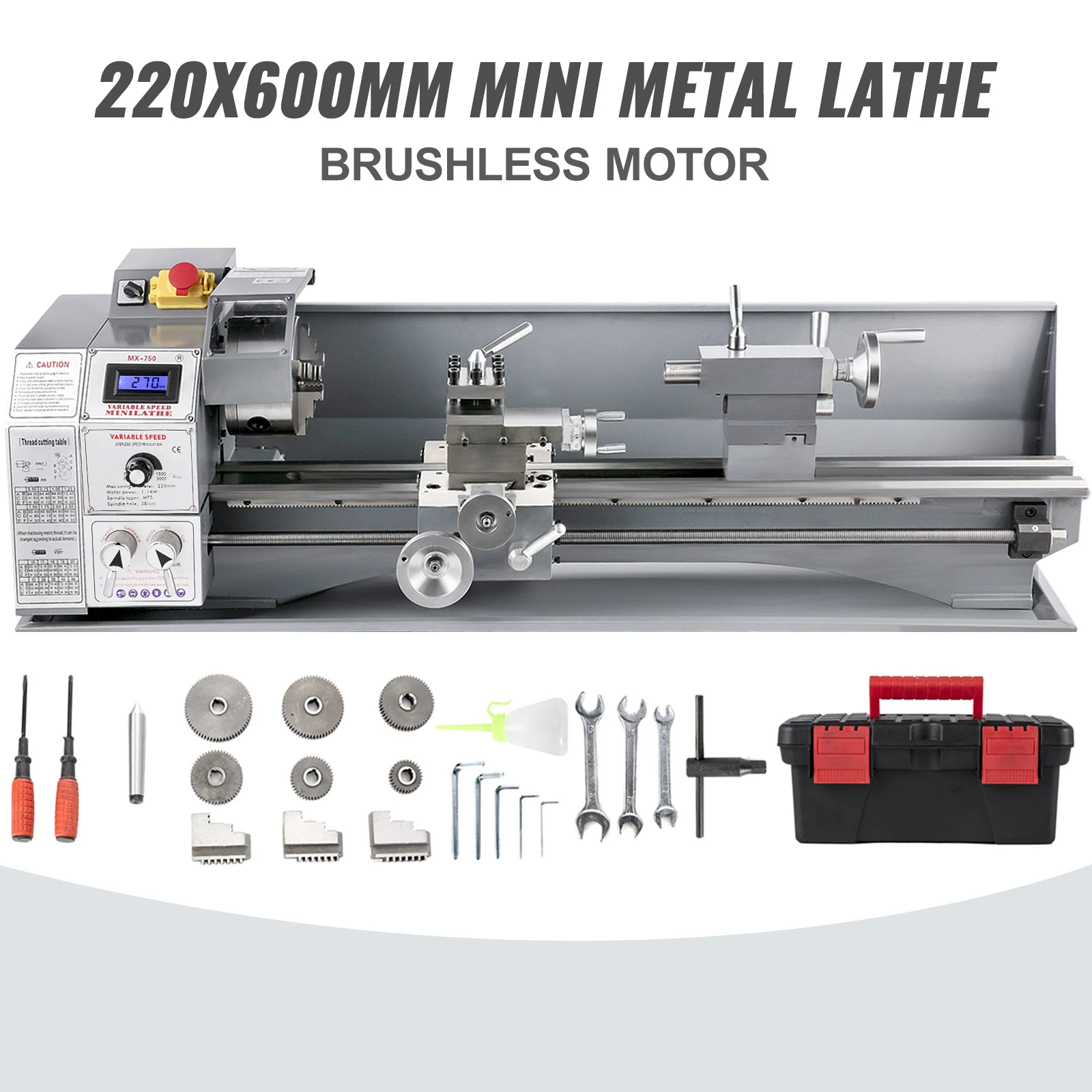 SucceBuy Metalldrehmaschine, 220 x 600 mm, 750 W, Mini-Drehmaschine mit stufenloser Geschwindigkeit, LED-Bildschirm für Thekenflächendrehen, Bohren Image